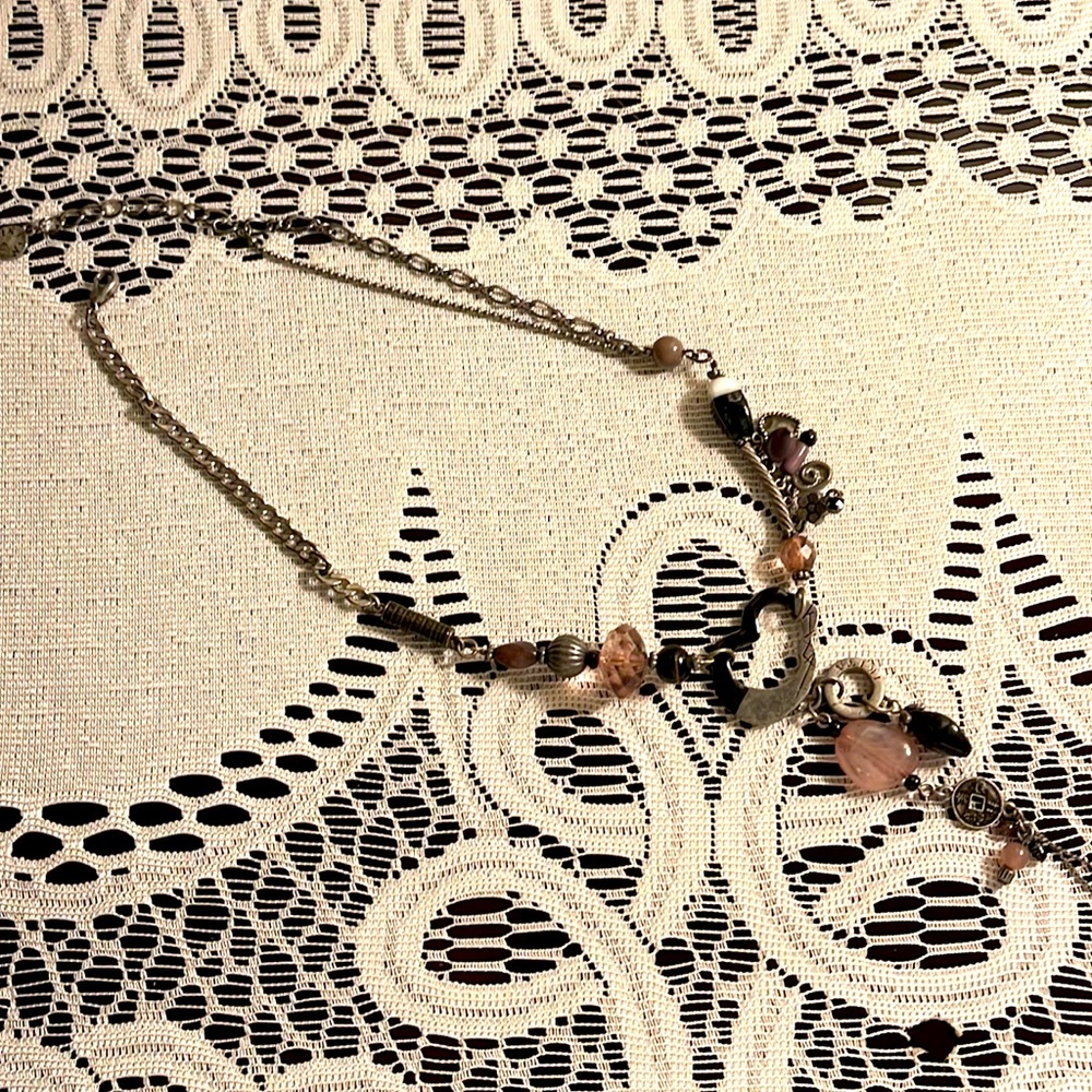 Necklace - soft pink and black beads on silver chain